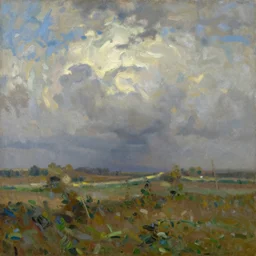 a painting of a cloudy sky over a field, an oil painting by ivan shishkin, deviantart, impressionism, impressionism, apocalypse landscape, matte painting