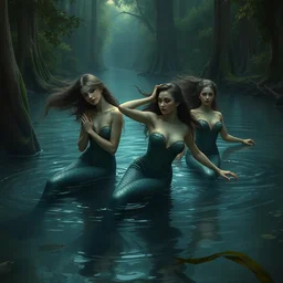 illustration studio portrait of three dark beautiful mermaids female energy in artistic poses in the river at the forest, monet painterly motives and textures pattern, hyper detailed, octane render, vivid colors, artstation, by jeremy mann, by alphonse mucha, by monet