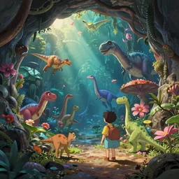 a wholesome animation key shot of hollow earth filled with dinosaurs, colorful, studio ghibli, pixar and disney animation, sharp, rendered in unreal engine 5, anime key art by greg rutkowski, bloom, dramatic lighting, volumetric lighting