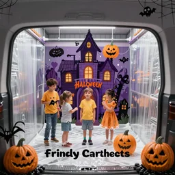 view inside a family - friendly car wash for kids with a spooky haunted house theme, promotional photo