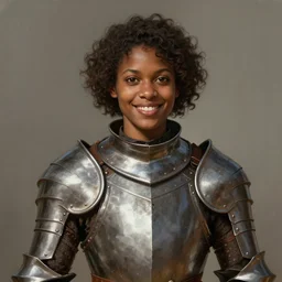 medium-length portrait of a female knight with short curly hair and brown eyes, dark brown skin, happy expression, wears a combination of plate armor and boiled leather, medieval setting, highly detailed, digital painting, artstation, concept art, sharp focus, illustration, art by greg rutkowski and alphonse mucha