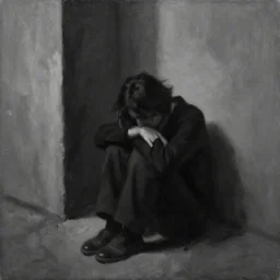a sad person with his head down sitting at a corner, black and white, dramatic light, obscure, oil painting