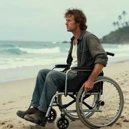 still photo of john locke from the show lost. he is sitting on the beach and staring at a wheelchair, oil panting, cinematic, highly detailed
