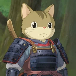 anime key visual of hayao miyazaki studio ghibli, short - hair tabby cat wearing samurai armor