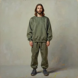 a full body portrait of modern day jesus wearing olive green yeezy menswear collection by nicola samori, detailed, oil painting, smudges, hyper realistic, 8 k, yeezy collection