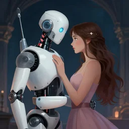 A robot and a human in love, fantasy concept art