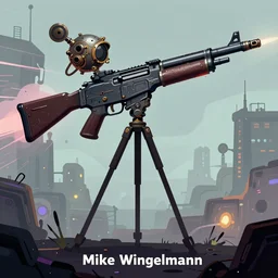 drawing of a machine gun on a tripod, cyberpunk art by Mike Winkelmann, behance contest winner, kinetic art, steampunk, apocalypse art, 2d game art