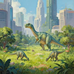 a beautiful painting of a lush cyberpunk city with dinosaurs grazing in parks by ridley scott, vivid colours, cinematic lighting, fine details, 8 k | | digital artwork made by greg rutswork, anna dittmann and lois van barlee, symmetrical neon rim light, anatomically correct