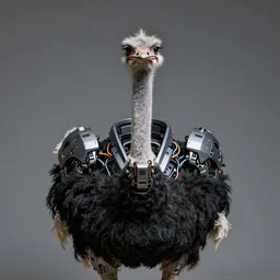 portrait of an ostrich wearing futuristic cybernetic battle armour, centered, looking at camera, studio lighting
