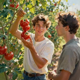 “van gosh style painting of a young man picking tomatoes while another man looks at him lovingly, sunny day”