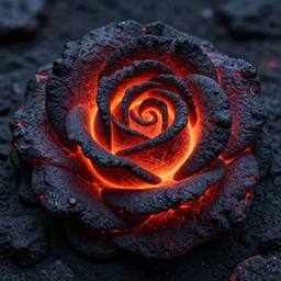 award - winning macro of a beautiful black magma rose made of glowing molten lava, inner glow, magma texture