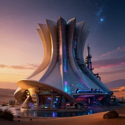 industrial architecture by oscar niemeyer, at dawn dramatic lighting bladerunner 2 0 4 9 retro cosmic gem tron galactic junglepunk elysian liberty city neon noir apocalyptic cyberpunk architecture island desert assassin's creed lightpaint universe uv light poppy, archdaily, wallpaper, highly detailed, trending on artstation.