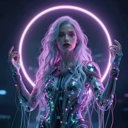 sci - fi woman ghost, wires hanging from her limbs, neon halo, surrealism, hyperrealistic, 8 k octane render, unreal engine