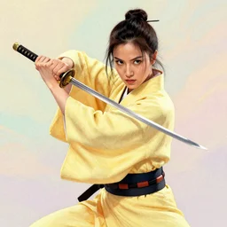 breathtaking detailed pattern pastel colors, cinematic action scene from kill bill, with uma thurman in yellow kimono, swinging katana sword by wlop and artgerm, exquisite detail, enhanced eye detail