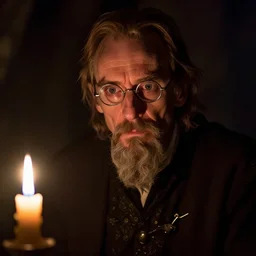 skinny, cautious, paranoid 7 0 years old alchemist ( ian mckellen with a long goatee and with scissor glasses ), looks around in a dark medieval inn. close up, zoom in, ( ( ( dark shadows ) ), colorful, candle light!, law contrasts, fantasy concept art by jakub rozalski, jan matejko, and j. dickenson
