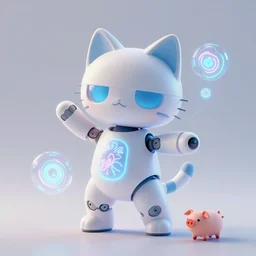 product photo of a futuristic introverted shy cute robot pet cat, bright holograms, asymmetric flowing dancing pose minimalistic cute, by artgerm and greg rutkowski and marc newson and zaha hadid, alphonse mucha, samsung apple webcam, matte glossy materials, neon, otter puppy pig. three quarter view, volumetric light, detailed, octane render, midsommar