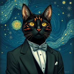 d & d style full body portrait, tabaxi male in a tuxedo, in the style of starry night.