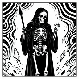 black and white trippy comic art of a skeleton as death the grim reaper, lots of particles, drawn by Martin Rowson, salvador dali, Tim Burton, Studio Ghibli, Alex Pardee, Nekro Petros Afshar, James McDermott, cgsociety 4K