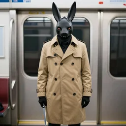 a man in a trench coat wearing a black rabbit mask standing on the subway with a knife, film still from the an anime directed by Katsuhiro Otomo with art direction by Salvador Dalí, wide lens