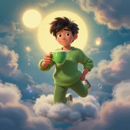 portrait of a ( ( ( verde taza de cafe ) ) ), ( ( guapo joven espanol brincando ) ), lleno de nubes y magia, el sol, concept character, by greg rutowski and tezuka and oi and mucha and bierstadt and remington, trending on artstation