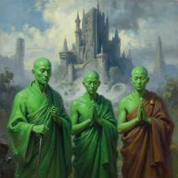 peter elson painting of a green monks and mysterious sci - fi castle outside under the sky. highly detailed, digital painting, sharp focus,