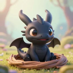 a portrait of a cute happy tiny black chibi dragon in a nest, reflective eyes, artstation, by magali villeneuve, depth of field, beautiful lighting, pastel colors, bokeh, fantasy art