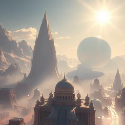 futuristic majestic solarpunk city, temples with one giant diamond structure and one giant sphere, bright sun digital painting, solid cube of light, hard edges, artstation, concept art, sharp focus, illustration, 8 k highly detailed