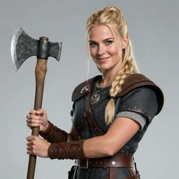 an ultradetailed picture of blonde viking woman holding a battleaxe and smirking, 1 9 8 0 s rom com, fantasy, intricate, elegant, illustration, digital painting, smiling playfully, 8 k, artstation, fine detail, art by frank frazetta, jack kirby, albert aublet, frank herbert, artem demura, and alphonse mucha