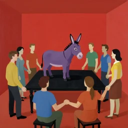 flat shapes of a group of people in a red bright room, gathered around a pruple donkey standing over a black table. people are holding hands. german expresionism. wide angle lens effect. deformed perspective