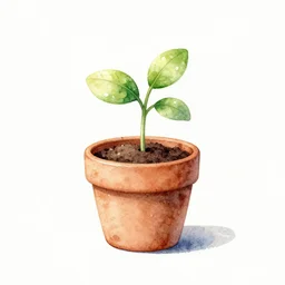 watercolor art tiny plant sprouting in cute pot on white background