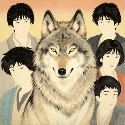 a half upper body portrait of a realistic wolf by shin hanga and kawanabe kyosai and katsuhiro otomo. ukiyo - e shohei otomo and satoshi kon, and greg rutkowski weta studio and lucasfilm, woodblock print, coherent, behance, global illumination, golden ratio, flat colors, thick black outlined,
