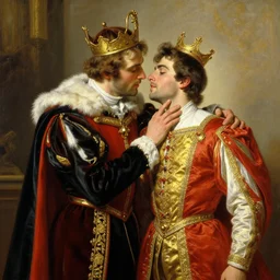 attractive fully clothed king confesses his love for his attractive fully clothed male prince. highly detailed painting by j. c. leyendecker, craig mullins, gaston bussiere, mark brooks