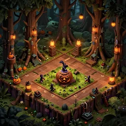 evil forest halloween themed isometric game level, with detailed wood, lanterns, toon shader, arnold maya render, artstation by miha rinne