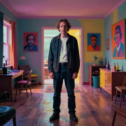 weird and disturbing portrait of todd solondz standing alone in an empty appartment, vivid colors, neon, art by gregory crewdson and francis bacon and artgerm and wlop and william - adolphe bouguereau