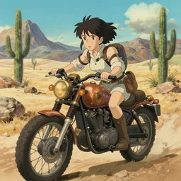 cinematic action mid shot of an adventurer girl riding a steampunk motorcycle on in a desert with rocks, cactus, mountains, delicate features finely detailed perfect art, gapmoe yandere grimdark, trending on pixiv fanbox, painted by greg rutkowski makoto shinkai takashi takeuchi studio ghibli, foreshortening