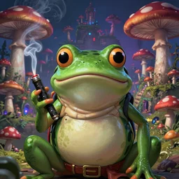 A centered waist up portrait of a scary psychedelic godlike anthropomorphic frog smoking an anime blunt , magic mushroom village in background . award winning. superb resolution. in the art style of junji Ito and greg rutkowski . Detailed Mushroom city in background. Hyper realistic anime. Perfect art. Dalle2