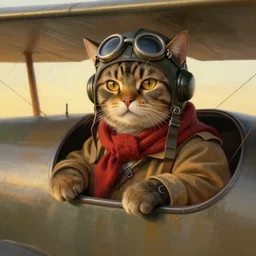 heroic cat pilot, ww 2 bi - plane wearing a vintage pilot helmet and a scarf, painted by rembrandt, intricate, detailed, atmospheric lighting, golden hour.