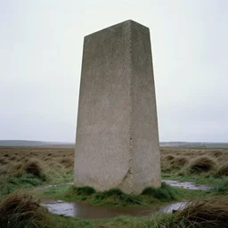 dreamy 1 9 8 0 s colour photo of enormous, cottage core, concrete monolith in the foreground of sodden and windy moor, visible horizon, kate bush aesthetic, flat grey sky