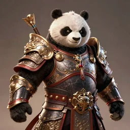 A fierce anthropomorphic panda warrior draped in majestic epic armor, DnD character art portrait, DeviantArt, Artstation, Character design, intricate artwork by Tooth Wu and greg rutkowski and artgerm, cinematic, hyper realism, high detail, octane render, unreal engine, 8k, Vibrant colors, Smooth gradients, High contrast, depth of field, aperture f2.8