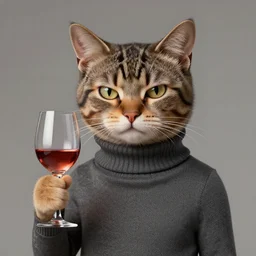 intellectual cat, wearing turtleneck, looking smart, holding glass of wine, pompous expression, digital art, artstation, cgsociety, deviantart