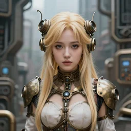 a pretty blond steampunk seraphim in the middle of a machine city, perfect symmetrical face, cute face, 8 k, shallow depth of field, 8 k, ultra high detail, concept art, w 1 0 2 4