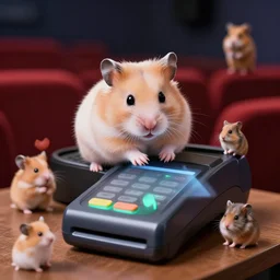 photo of a hamster, on a contactless payment terminal, in a cinema, various poses, unedited, soft light, sharp focus, 8 k