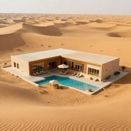 natural modern hotel in the desert, high detaild, realistic, golden ratio