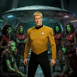 a Starfleet starbase overrun with zombies, Captain Kirk surrounded by women with green skin that cannot resist his machismo, in the style of Junji Ito , 8k
