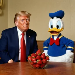 donald trump and donald duck are sitting in front of a table with a bowl of stawberries, in the style of rembrandt