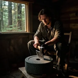 shia labeouf in a cabin siting down, sharping an axe at a grind stone, dark interior, horror movie, far away, outside is forest, light out side shinning into window
