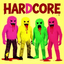 hardcore punk album cover, monsters, vomit, blood, 4 colors, flat colors, fluo colors, pink, yellow, green, red
