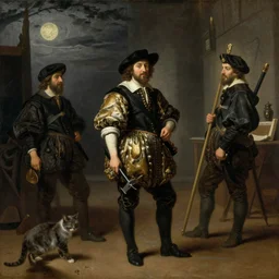 oil painting by rembrandt of the night watch with extra cat.