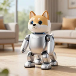 photo of a sony aibo dog robot that resembles doge the shiba - inu, in a sunny suburban living - room. it is made of plastic and metal.