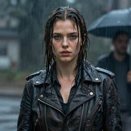 portrait of kiernan shipka in heavy rain wearing a leather jacket, wet hair, hyperrealistic, very detailed painting mark brooks and glenn fabry and joao rua
